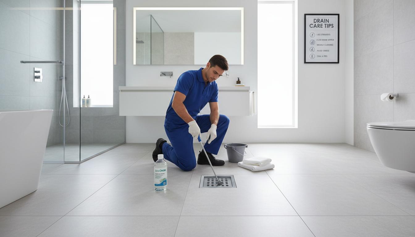 Clean bathroom with visible floor drain